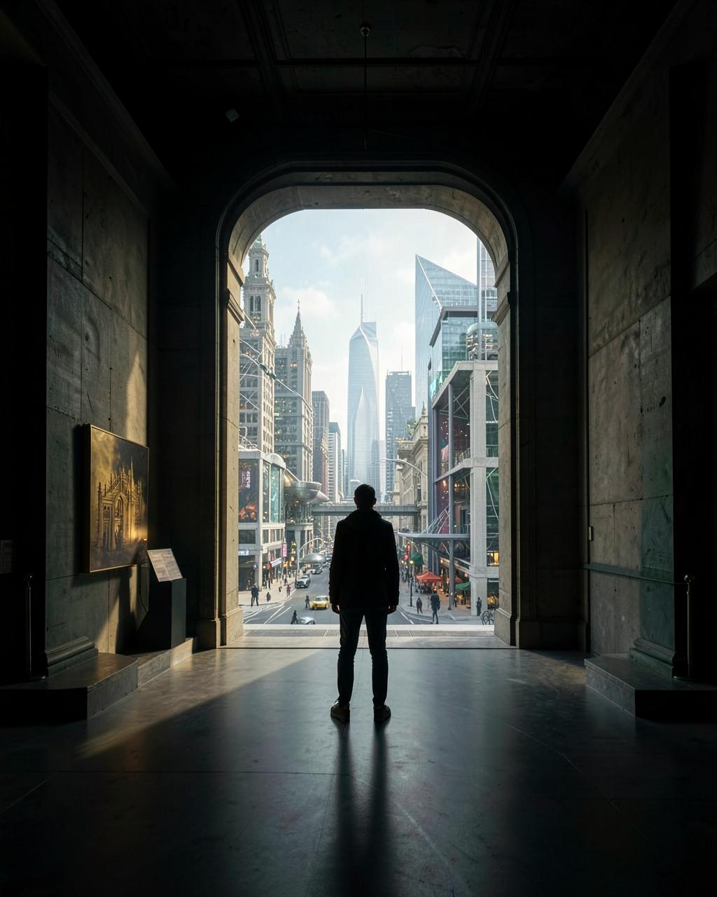 A visitor looking from an unfinished museum wing toward a possible future city