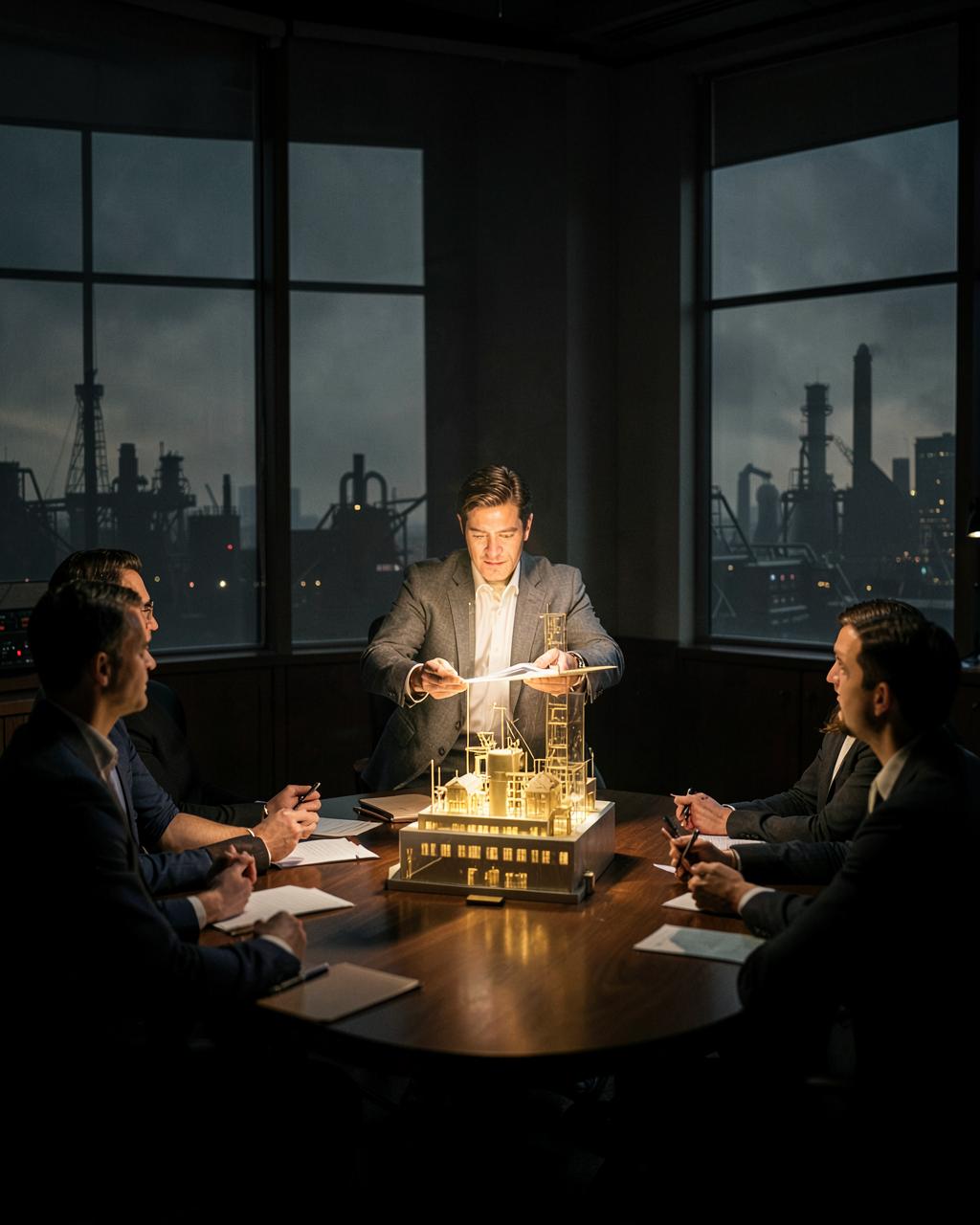 A founder presenting an illuminated model to investors